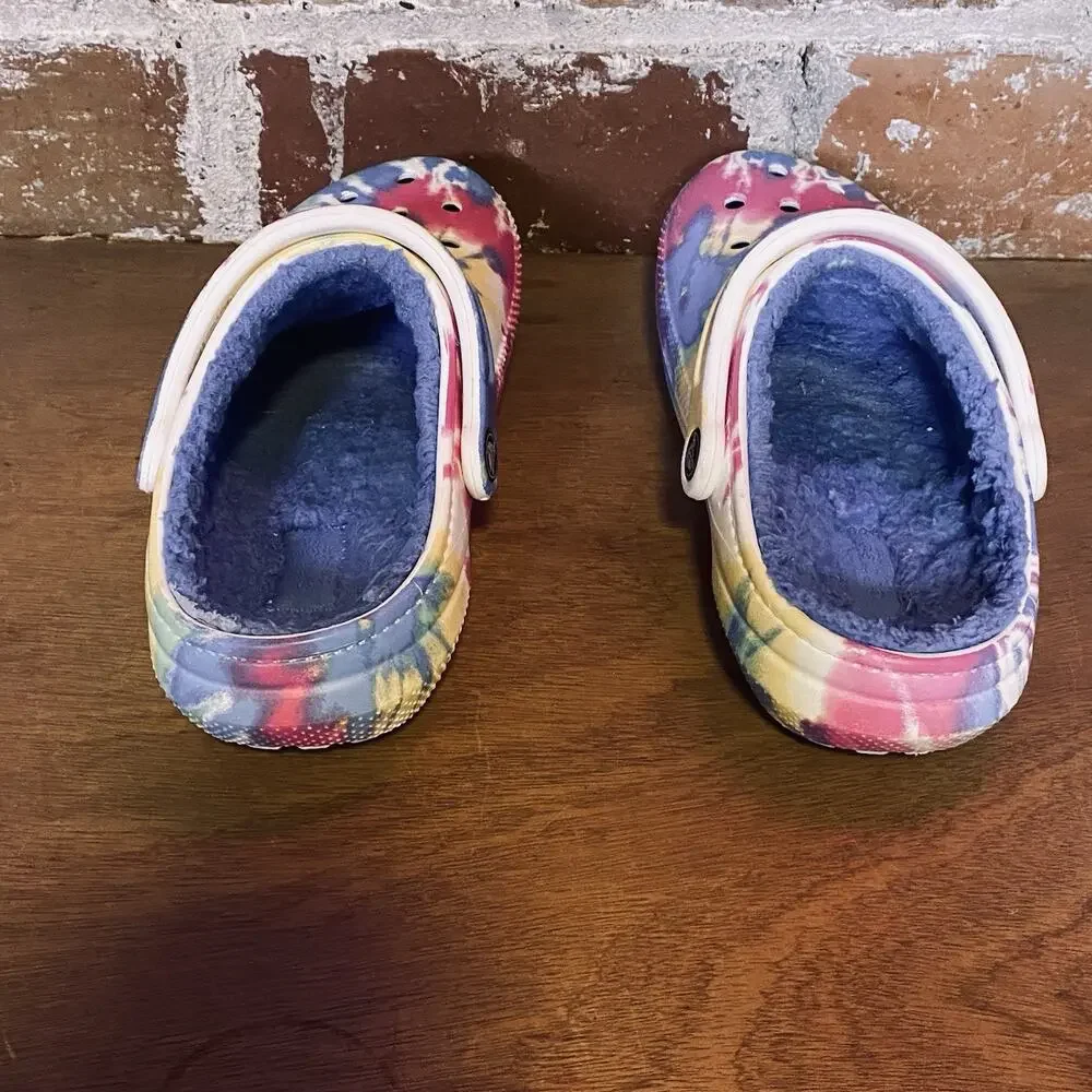 Red Blue Yellow Tie Dye‎ Crocs Fuzzy Insole Unisex Men 4 Women 6